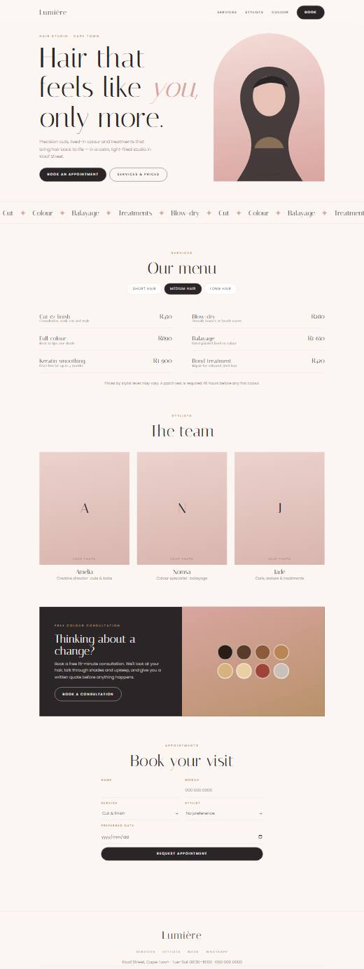 Screenshot of the Hair salon template